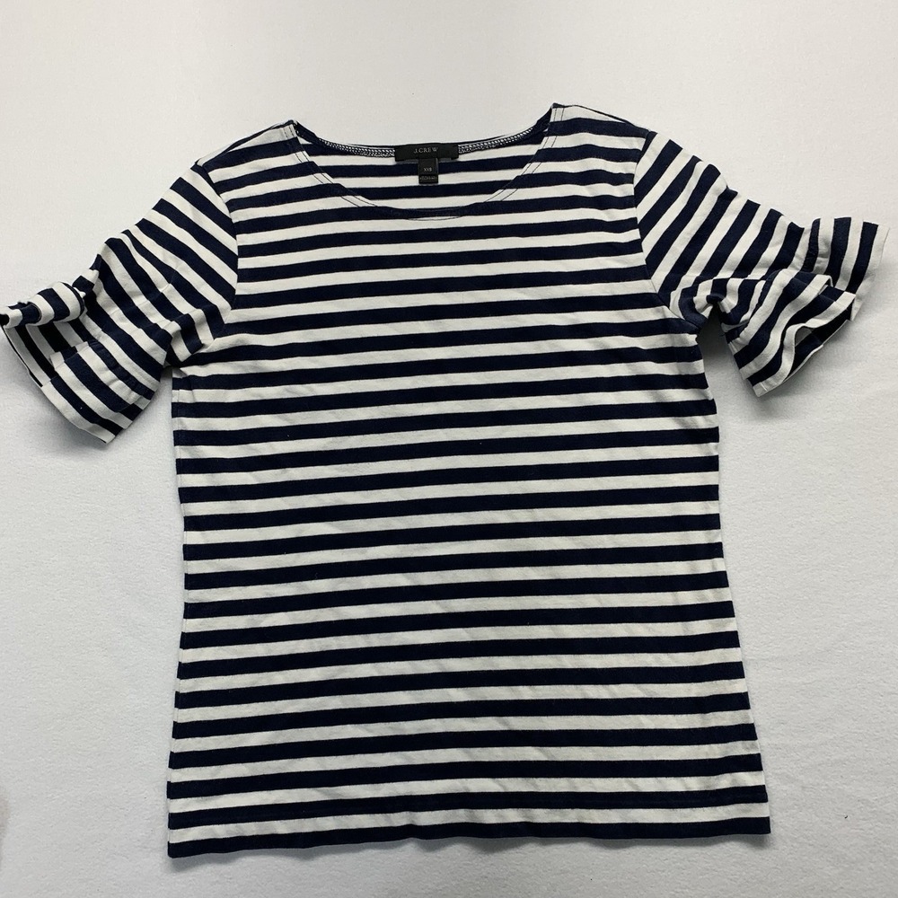 J.Crew Striped Ruffle Sleeve Top Womens XXS Navy White Nautical Scoop Neck Tee